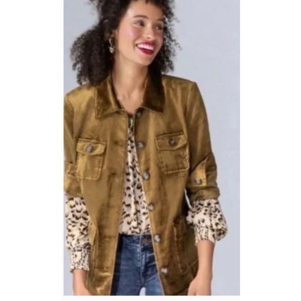 cabi Size XS Bronze‎ Velvet Flash Jacket Crushed Button Front Utility Style
